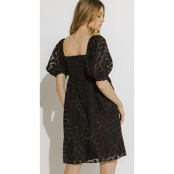 English Factory-black Dotted XS Sweetheart NeckPuff Sleeve Smocked Mini Dress - Picture 3 of 15